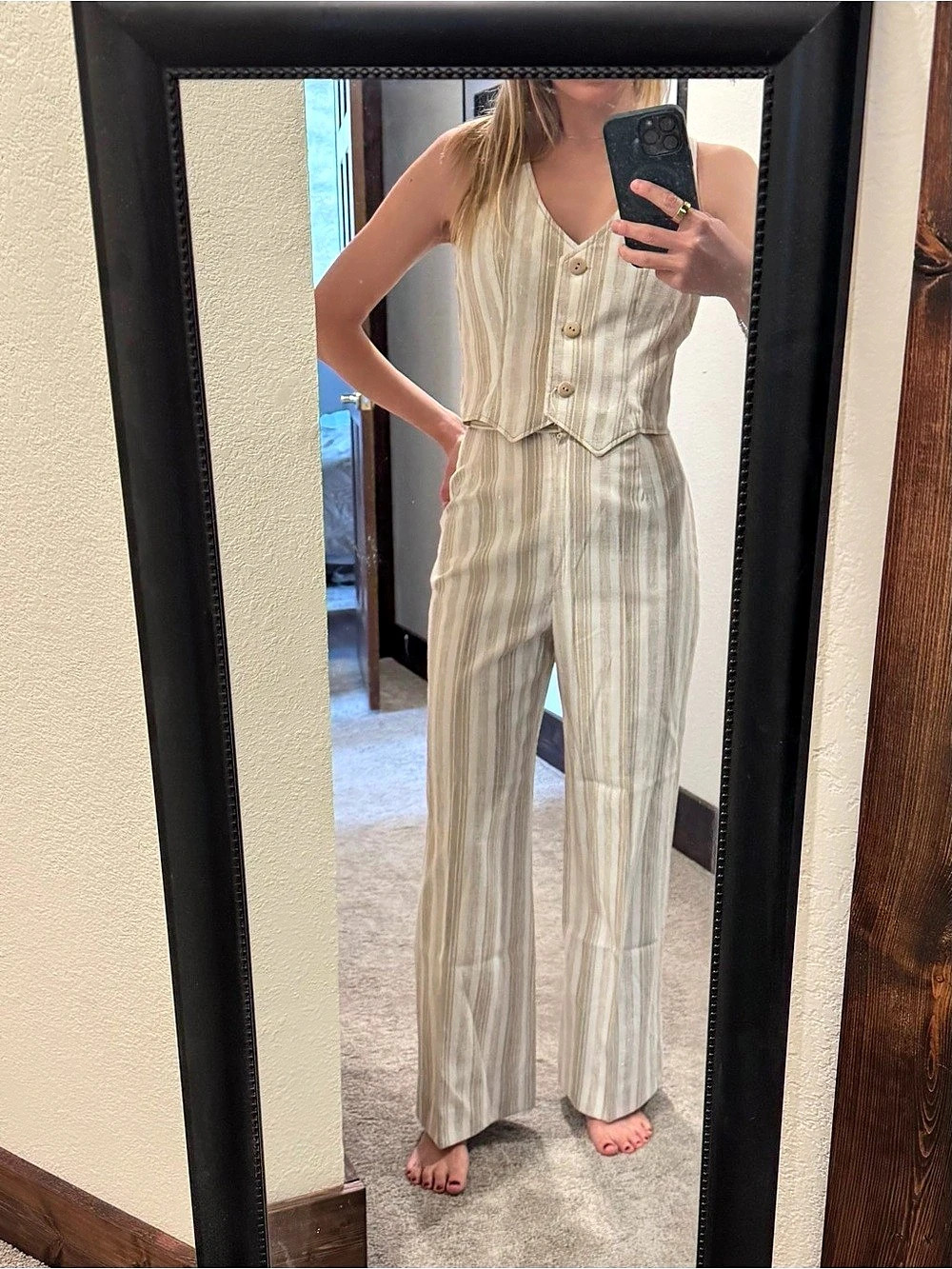 Striped Wide Leg Jumpsuit in Cream & Brown